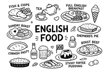 English food doodle set, hand drawn British cuisine symbols and traditional meals in line art style