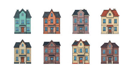 Collection of cute cartoon houses, vector set