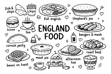 English food doodle set, hand drawn British cuisine symbols and traditional meals in line art style