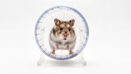 Cute Hamster Running in a Clear Exercise Wheel on a White Background.
