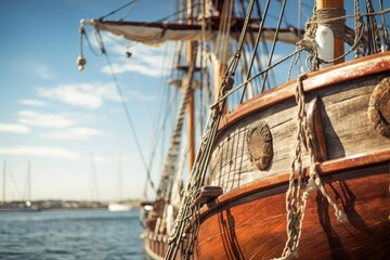Obraz premium Classic tall ships timber hull and rigging close up under a blue sky