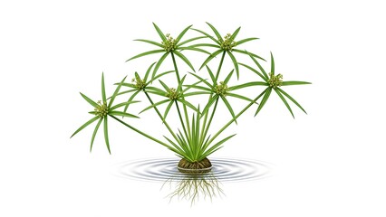 Lush Green Cyperus Alternifolius Plant with Water Reflections.