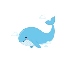 Obraz premium A cute blue whale floating among fluffy white clouds with a happy face, dreamy style, vector art, isolated on white, bright blue and white contrast, simple modern design, children's clothing print, nu