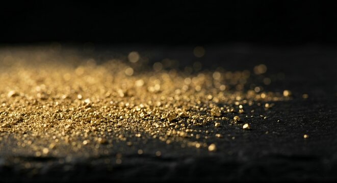 Abstract background of exploding gold and copper glitter particles against a dark backdrop.