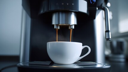 Espresso machine brewing fresh coffee into a white mug