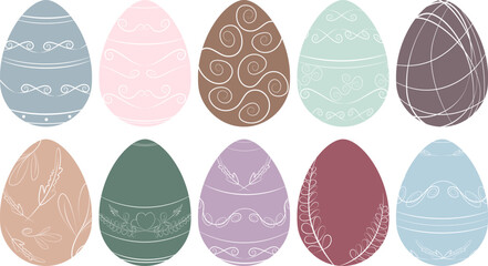 Flat vector set of 10 Easter eggs featuring elegant white line art decorations like swirls, feathers, and vines on muted, earthy backgrounds. Isolated for minimalist holiday designs.