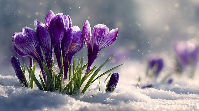 Lush purple crocus flowers emerging from a blanket of glittering white snow, symbolizing the arrival of spring and new life amidst a lingering winter chill