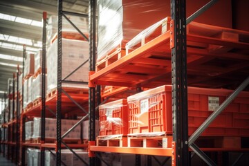Fototapeta premium Rows of orange shelves storing various goods and bins in a vast distribution warehouse