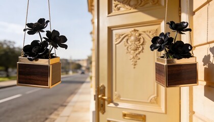 Luxury Golden Entrance with Modern Black Floral Planters
