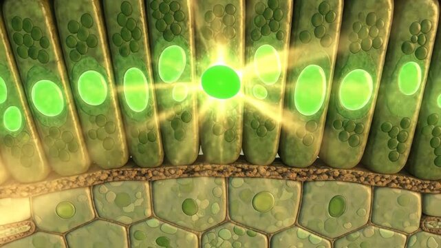 Detailed 3D cross-section of plant leaf cells showing internal structure and chloroplasts