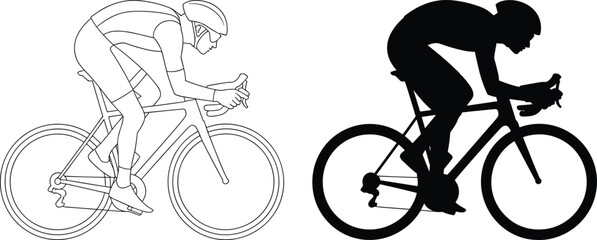 Obraz premium Road cyclist silhouette and outline set, professional bicycle racing pose, athletic biking vector pack for sport poster branding design