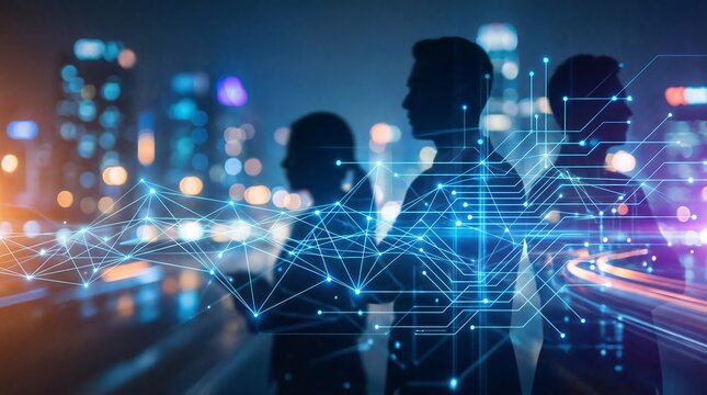 Silhouettes of diverse business professionals stand against a blurred futuristic city skyline at night, with a glowing digital network data connection.