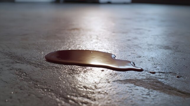 A dark liquid spill forms a reflective puddle on a textured concrete floor