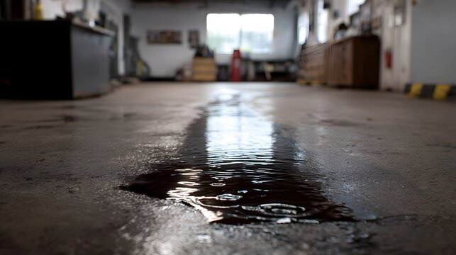 A dark reflective oil spill creates a slick sheen on the rough concrete floor of an industrial workshop or garage