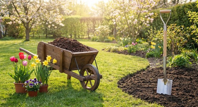 Vintage wooden wheelbarrow loaded with mulch and a shovel standing in a flower bed during spring garden preparation and planting