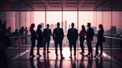 Blurred silhouette of a business team having a meeting in a modern office with a city skyline