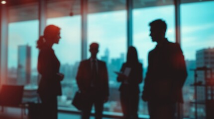 Blurred silhouette of a business team having a meeting in a modern office with a city skyline