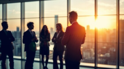 Blurred silhouette of a business team having a meeting in a modern office with a city skyline