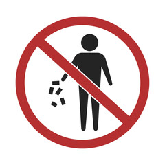 A red prohibition sign with a black silhouette of a person throwing trash on a transparent background illustrating no littering