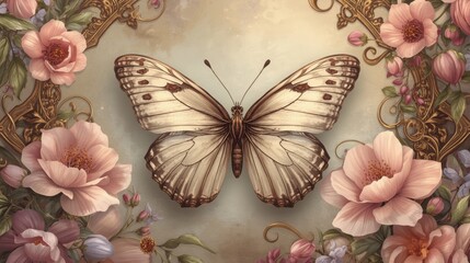 A delicate butterfly with intricate patterns resting among vibrant flowers