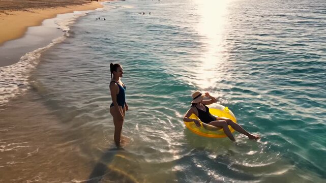 Two women at beach with float