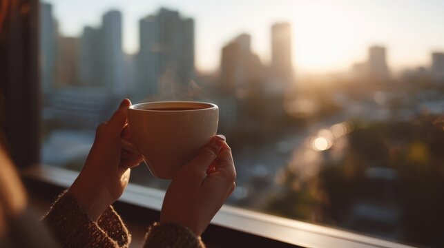 Morning coffee overlooking cityscape