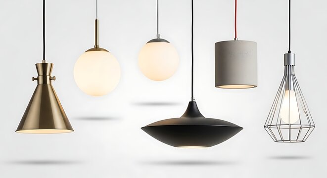 Modern pendant lights in various styles and materials hanging from ceiling