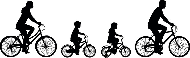 Fototapeta premium family, cycling, bicycle, silhouette, vector, ride, outdoor, recreation, fitness, lifestyle, health, teamwork, children, parents, activity
