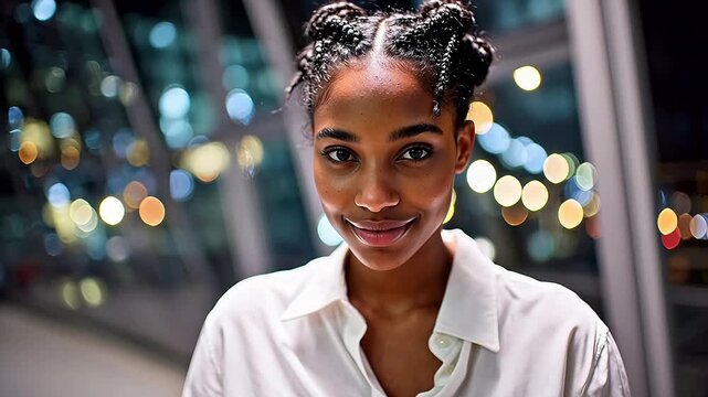 Woman with braided hair posing at night
