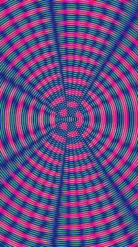 Pulsating moire pattern with interfering concentric circles in vibrant colors. Seamless loop for music visuals, VJ loops, and trippy social media stories