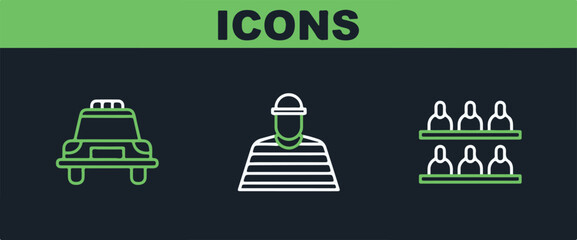 Set line Jurors Police car and flasher and Prisoner icon. Vector