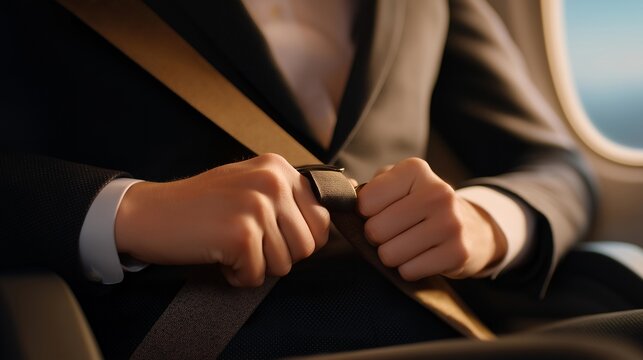 A hand fastening a safety belt while seated in an aircraft, representing the essential safety procedures that passengers must follow before takeoff, ensuring their safety during air travel.