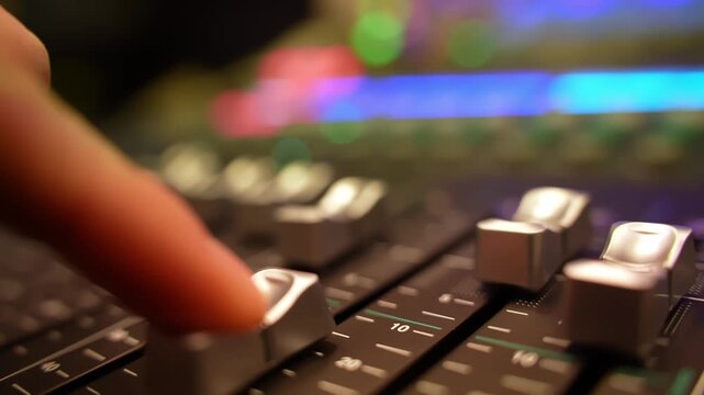 Close-up of finger sliding fader on digital audio mixer with colorful LEDs, showcasing pro sound control for studio recording, livestream, and event production.