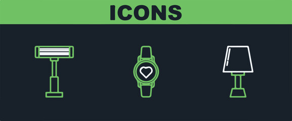 Set line Table lamp Electric heater and Smart watch showing heart beat rate icon. Vector.