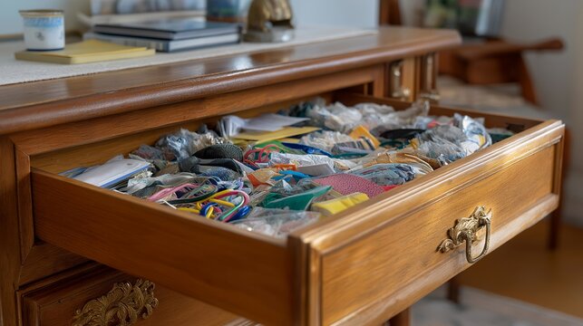 A disheveled cabinet junk drawer teeming with paper scraps, rubber bands, and loose items highlights the perennial challenge of home organization. This scene prompts discussions on effective