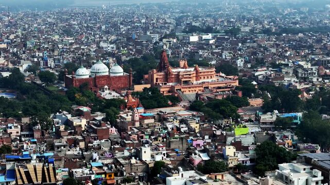 Aerial view of Shri Krishna Janmasthan and Shahi Mosque Eidgah rising above Mathura&rsquo;s dense cityscape, showcasing layered faith, heritage architecture, and sacred urban history.