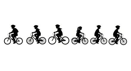 Obraz premium Group of Children Silhouettes Riding Bicycles on White Background