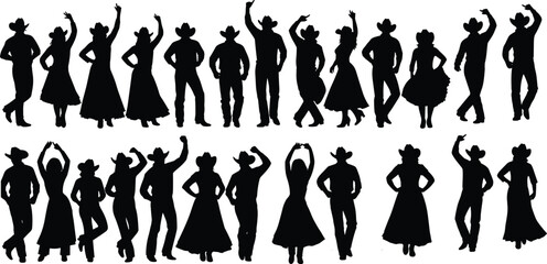 Fototapeta premium Black Silhouette Cowboy and Cowgirl Collection Featuring Country Dance Positions and Western Wear Isolated on White Background for Rodeo Vector Design