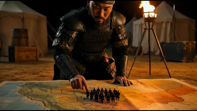 Historical General Planning Military Strategy Using Map Miniatures