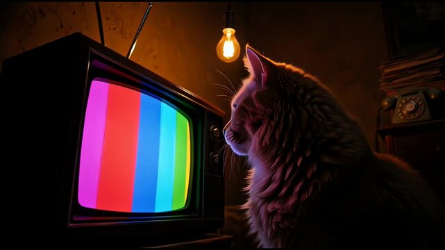 A Cat Watches Retro Television Screen Color Bars