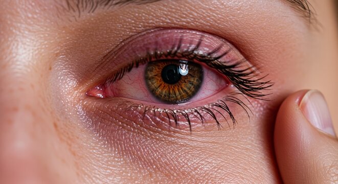 Young woman with itchy eyes and red irritated skin touching her eyelid