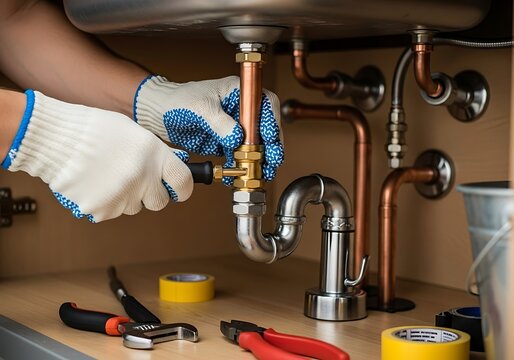 Professional plumber fixing leaking pipes under kitchen sink using tools