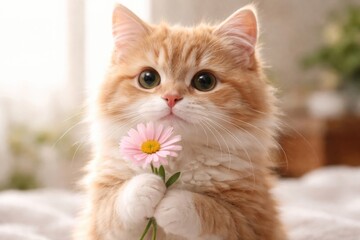Adorable kitten holding pink flower.
