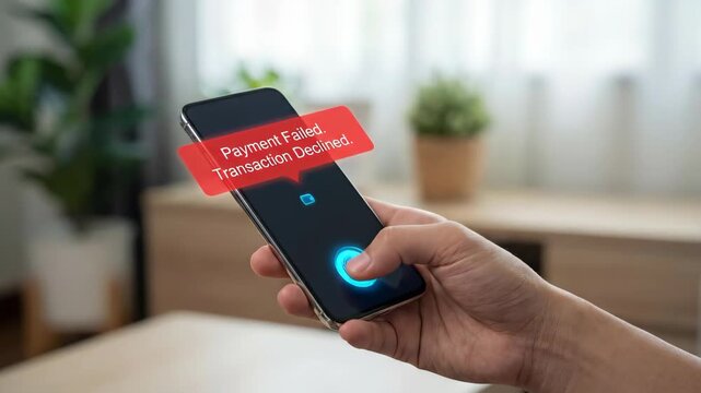 Smartphone screen showing payment failed transaction declined alert with digital wallet icon representing online banking error security and financial risk
