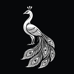 Fototapeta premium Elegant monochromatic white silhouette of a peacock against solid black background, featuring slender curved body with detailed wing feathers and small crested head with sharp beak