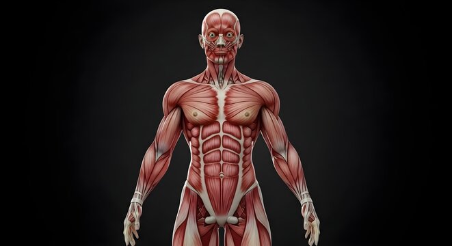 A detailed 3D illustration of a human body's muscular system