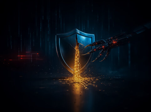 Cyber attack illustration of a cracked shield leaking binary code while a robotic claw reaches in, symbolizing ransomware, AI hacking, data breach, and weakened system protection.