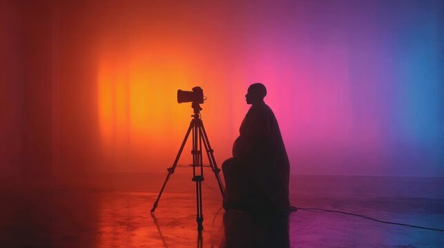 Silhouette of a person operating a camera on a tripod with vibrant colored lights in the background.