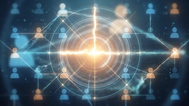 Digital network targeting interface with connected user icons illustrating audience analytics segmentation and data driven marketing intelligence