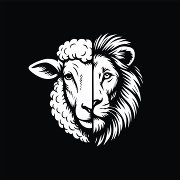 Duality Concept - Half Sheep Half Lion Hybrid Face with Fluffy Wool and Flowing Mane